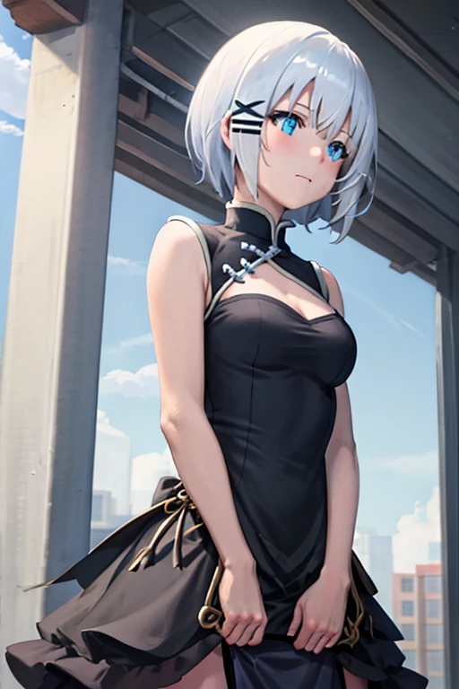 masterpiece, best quality, high quality, highres, official art, explicit, extremely detailed, ultra detailed, absurdres, very aesthetic, perfect composition, (siesta, blue eyes, short hair, white hair, hairclip, x hair ornament, bangs), (ch1n4, black chinese dress, sleeveless:1.2)