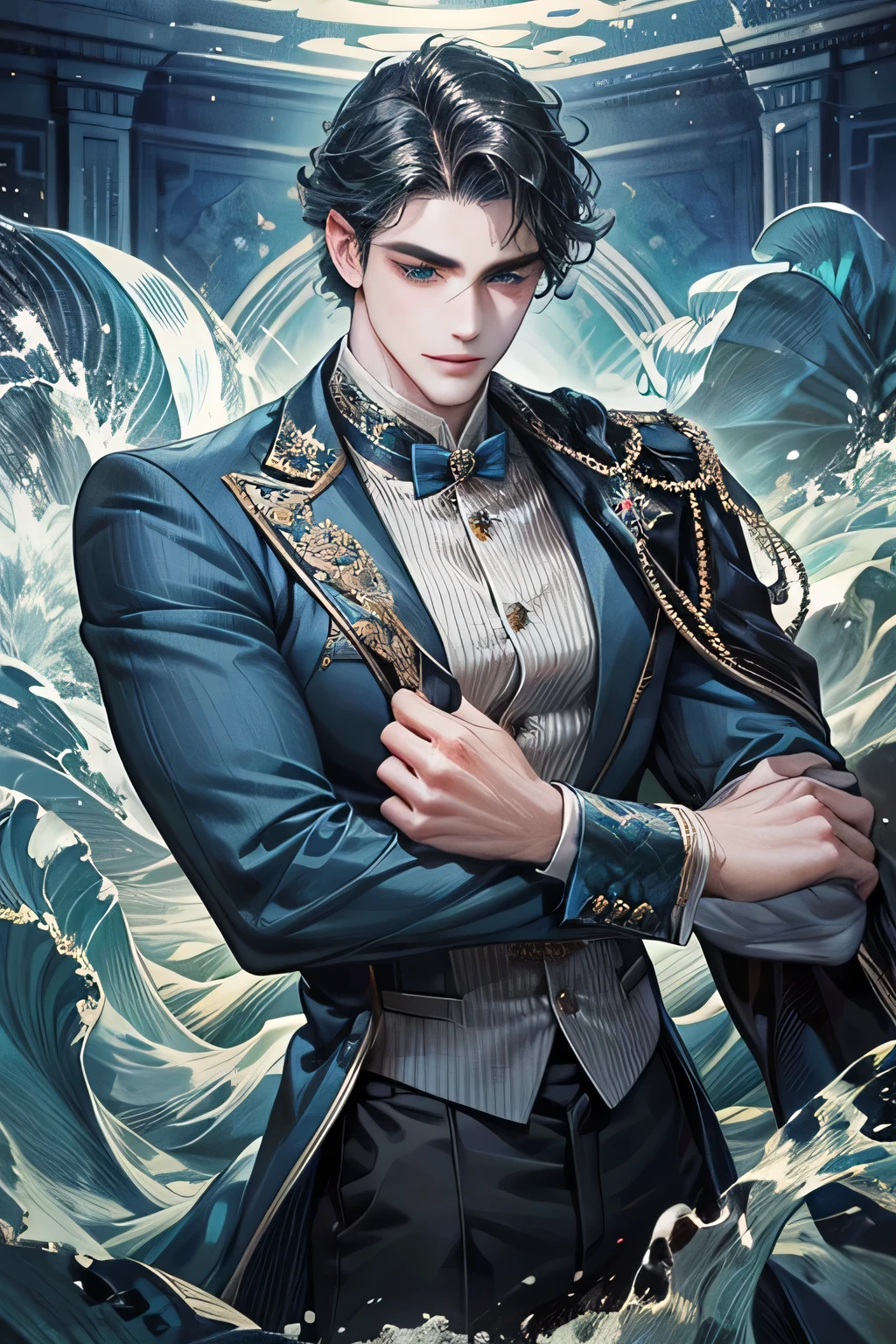 1man, short dark blue wavy hair, merman style, masterpiece, best quality, realistic, masculine and charming, 29 years old, blue eyes, serious, extremely detailed face, smile,, ((short- wavy hair)), [ eyebrows], black suit, under the royal sea palace, accurate, detailed