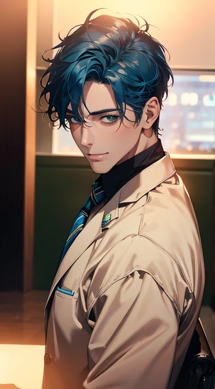 (Highest quality,4K,8K,High resolution,masterpiece:1.2),Super detailed,(Realistic,photoRealistic,photo-Realistic:1.37),1 person,34 years old,Mature Men,Beautiful skin、very handsome,Expressionless smile in love,Short blue hair,green eyes,Sharp Eyes,A perfect face without a doubt,Businessman, CEO, Office Background,Cinema Lighting,HDR image,tie、