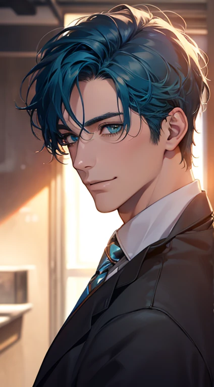 (Highest quality,4K,8K,High resolution,masterpiece:1.2),Super detailed,(Realistic,photoRealistic,photo-Realistic:1.37),1 person,34 years old,Mature Men,Beautiful skin、very handsome,Expressionless smile in love,Short blue hair,green eyes,Sharp Eyes,A perfect face without a doubt,Businessman, CEO, Office Background,Cinema Lighting,HDR image,tie、