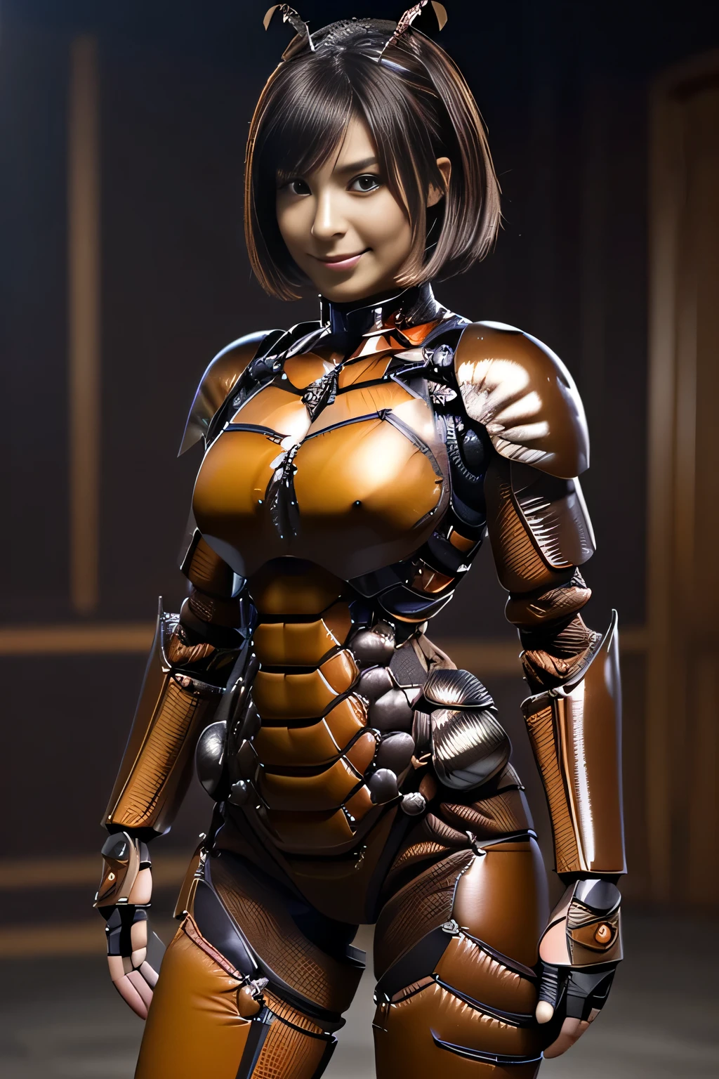 (high resolution,masterpiece,best quality,extremely detailed CG, anime, official art:1.4), realistic, photo, amazing fine details, all intricate, gloss and shiny,awesome many layers, 8k wall paper, 3d, sketch, kawaii, illustration,( solo:1.4), perfect female proportion,villainess, (fusion of dark brown cockroach and lady:1.4), (brown cockroach form lady:1.2), (brown cockroach lady:1.2), (fusion:1.2), (solo:1.4), (evil smile:1.2), muscular, abs, (cockroach brown exoskeleton bio insect suit:1.4), (cockroach brown exoskeleton bio insect armor:1.2), (brown transparency cockroach wing:1.4), (brown cockroach antennae:1.3),