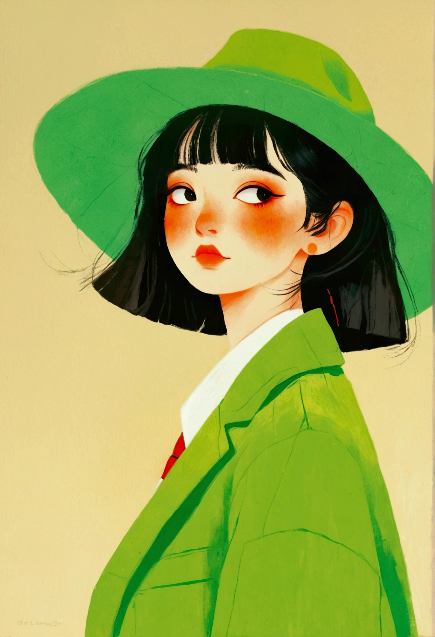 Man in a Green Hat Image、Oil painting of a person wearing a green jacket, The Art of Mathematics by Li Song, cg social hot spots, The Art of Mathematics, Illustration style, Otto Schmidt, High-quality illustrations, Trending on artstration, A beautiful artistic illustration, Illustration Art,Wearing a hat, Ilya Kuvshinov style, Lo-Fi Girl, The Art of Mathematics ilya kuvshinov