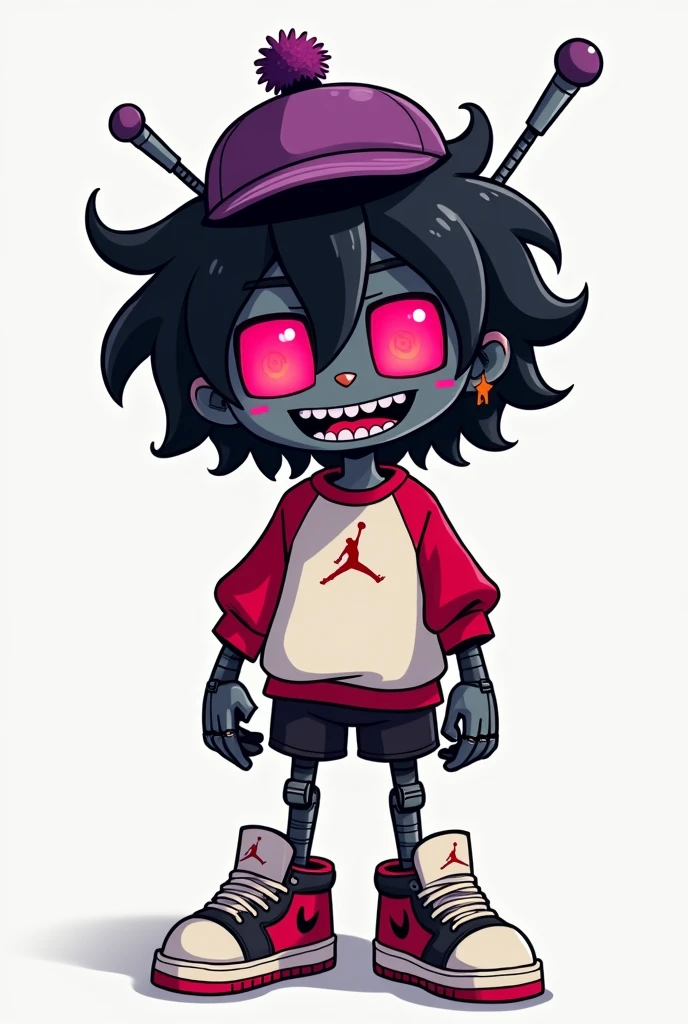 generates an image of a fictional character, a male character, cartoon style. His skin is absolutely black as coal, his eyes are square, pink and red, the inside of his mouth is the same color, he has no eyebrows and no nose, his hair is black, a little long, crazy, of Two antennas emerge from his head like an old television, he is wearing a white and red sweatshirt, black shorts and large Jordan style sneakers, he is also wearing a purple fisherman's hat. His arms and legs are robotic.