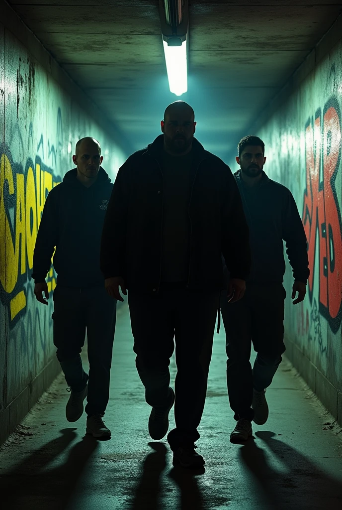 90s-style subway tunnel, dark with graffiti that says MAD RED, 3 white men whose faces are not very visible walking, One of them is fat, he weighs more than 140 kilos, The other 2 are thin