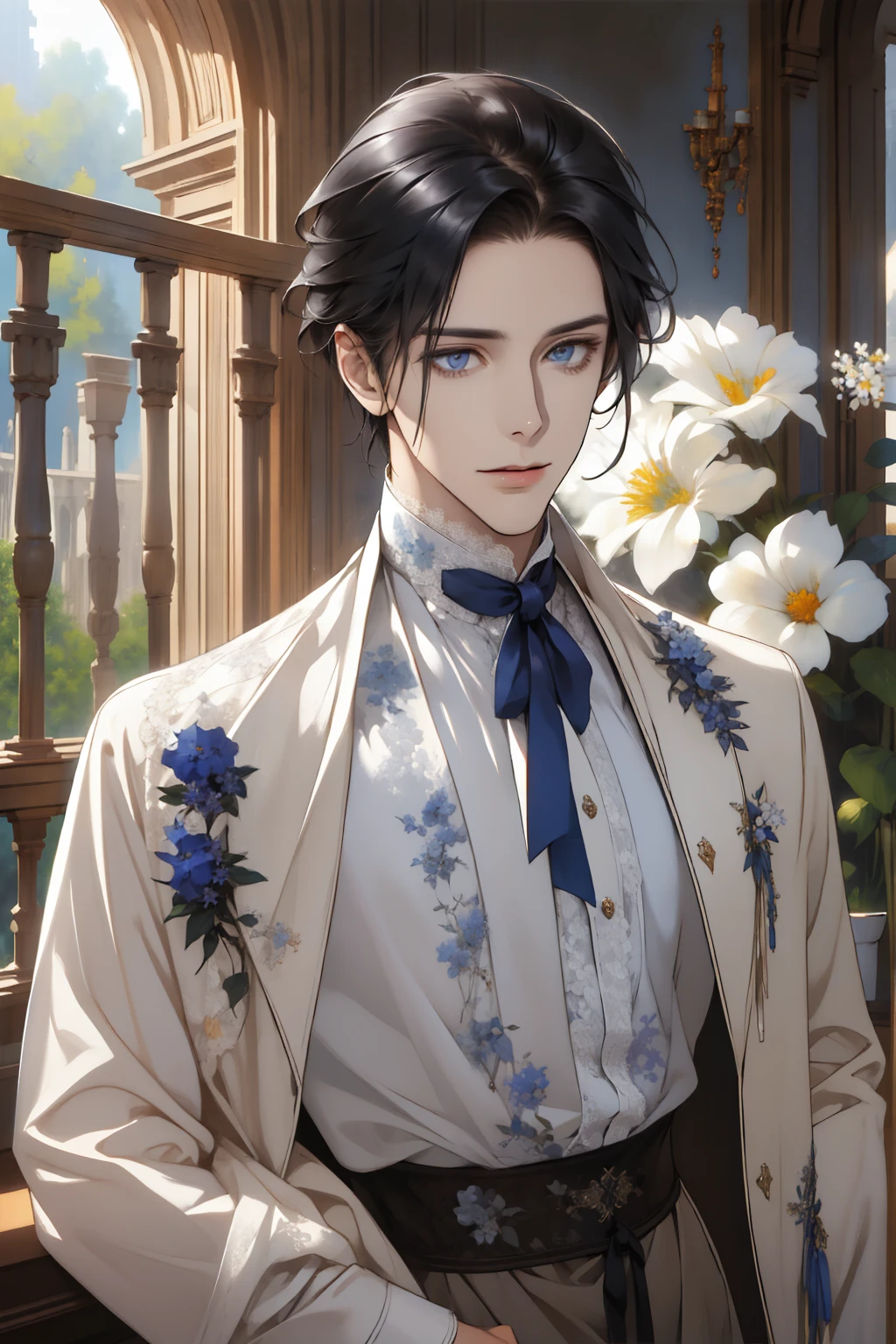 1 man, Realistic, master-piece, bestquality, Beautiful, detailed eyes and detailed faces.,natural light, European retro, White shirt, lace, Long dark blsck hair, blue grey eyes, attractive, depressed, Decorative flowers, sunbeam, 31 years.
