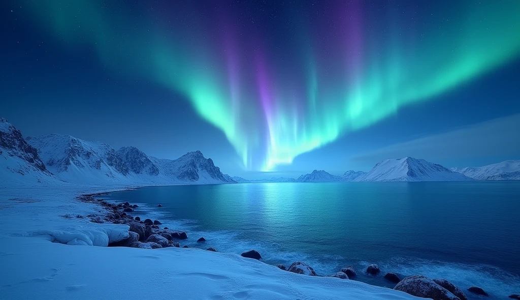 ((Masterpiece))((beautiful))((realistic))blue sea with dark blue sky snow and purple green tourqois aurora,no people,size 4MB