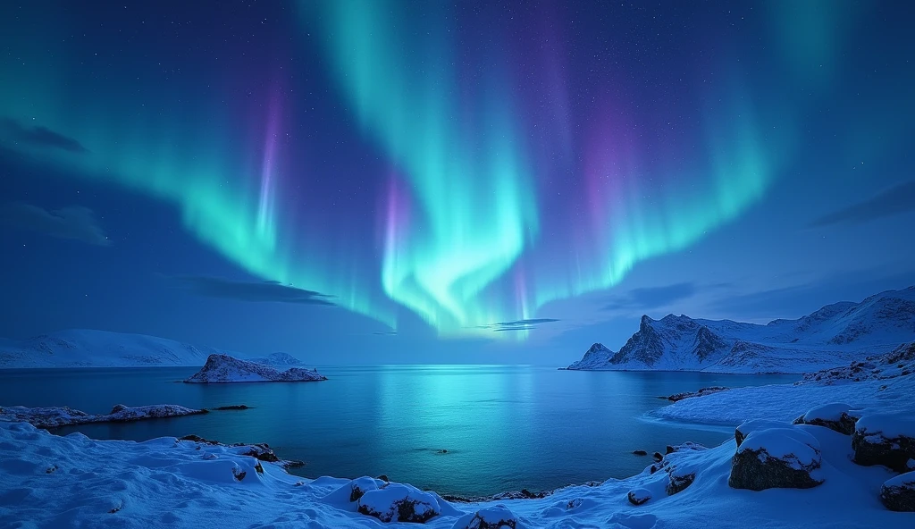 ((Masterpiece))((beautiful))((realistic))blue sea with dark blue sky snow and purple green tourqois aurora,no people,size 4MB
