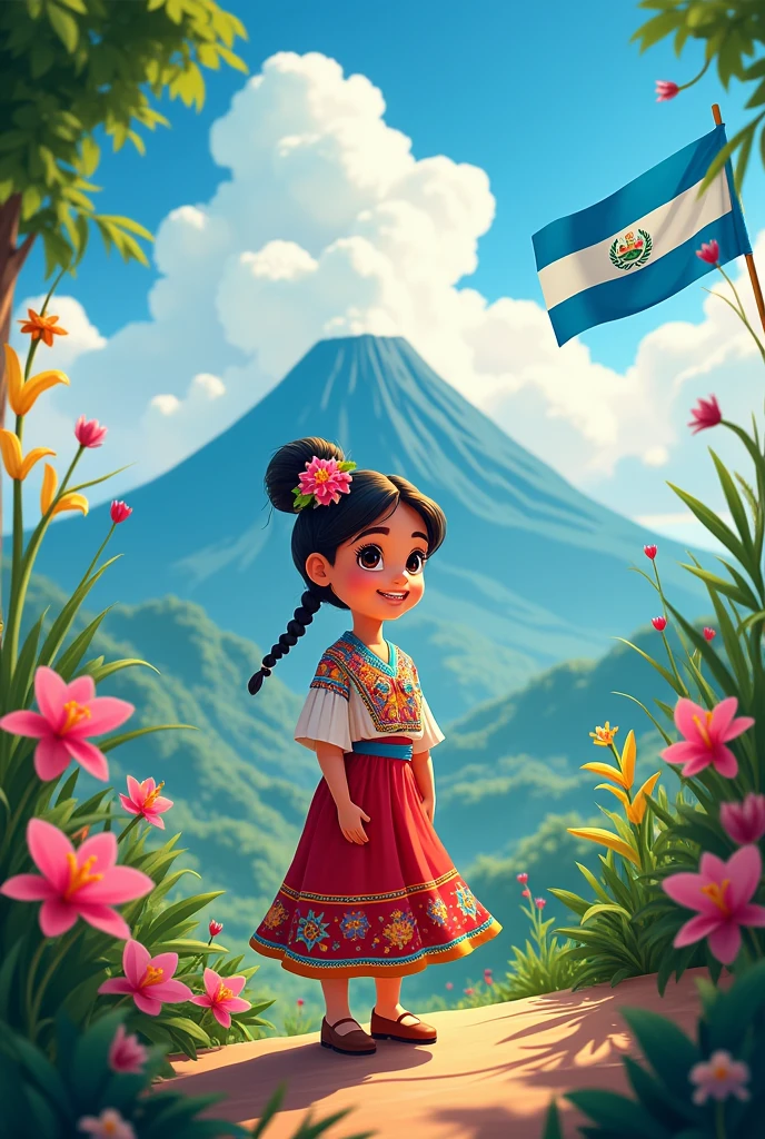 2d animation of a girl, dressed in traditional Guatemalan costume, with a background that has volcanoes, orchids and the flag of Guatemala
