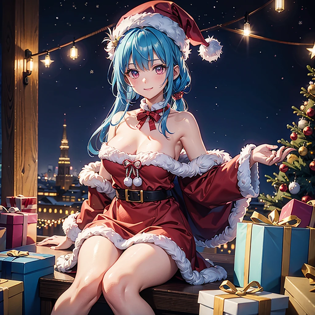 (Sky blue hair tied in a single strand),(Pink Eyes),Fair Skin,Full Body,Alone,smile,Santa Claus Clothes,Giant Christmas Tree in the Background,Snowy Night,Sparkling Night Sky,gift box,(Masterpiece, Top Quality, Very Detailed), Best Shadows,Detailed Background,Beautifully Detailed Face,High Contrast,Best Lighting, Very Delicate and Beautiful,Cinematic Light,Hyper Detail,8k,Dramatic Light,Exquisite Detail,Christmas colors,