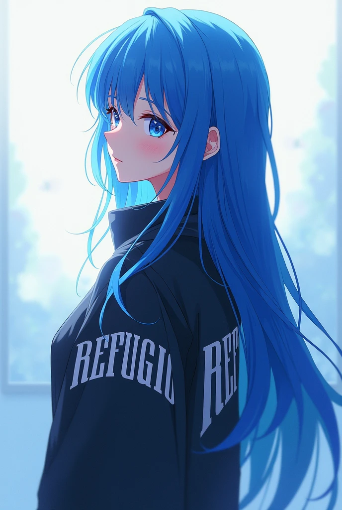 Anime woman facing back with side head to the right then wearing jacket with my last name REFUGIO with blue long hair 