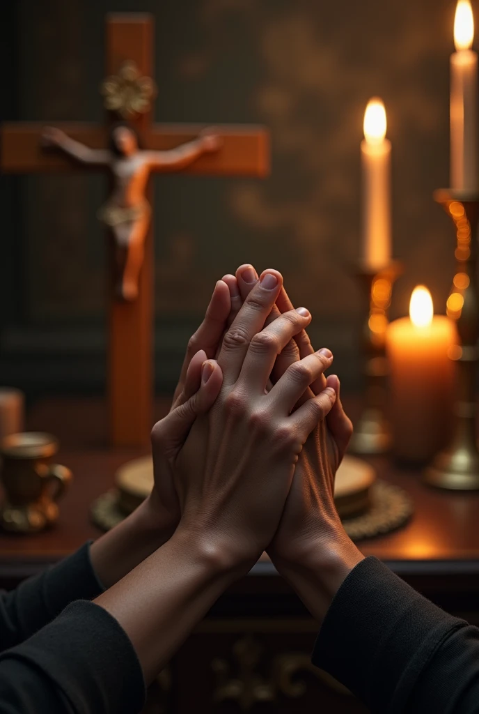Images of hands in prayer, crosses, burning candles, or religious icons that represent the theme of the video.