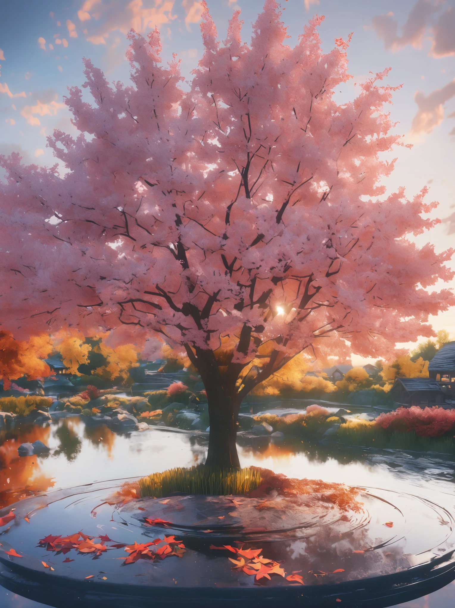 DIY16，best quality, Ultra HD, masterpieces, 8K, Practical, Anime style, 3D Rendering，(Pond in the evening:1.2), (8K, best quality, masterpiece:1.2), (Ultra-high resolution:1.0), Extremely bright design, Soft colors, (ink:1.3), Autumn Lights, High Detail, dramatic, photoPractical painting art
