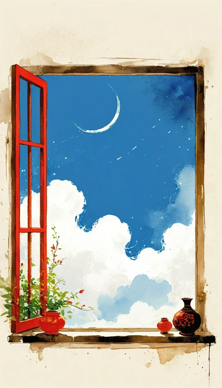 A painting,中国水墨画sketch:Light Ink,Lowercase,sketch,artistic conception,window,cloud,Minimalism,(((Negative Space,Bottom left composition)))