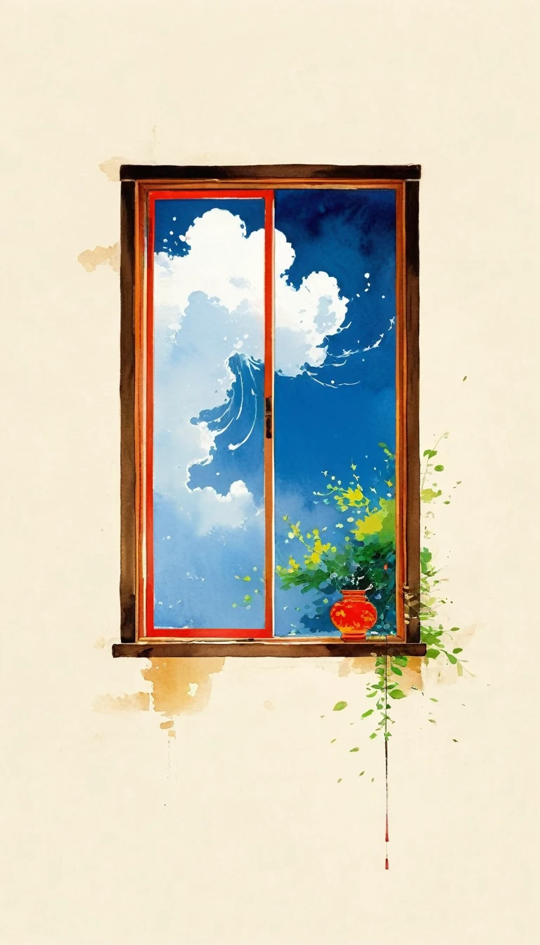 A painting，中国水墨画sketch：Light Ink，Lowercase，sketch，artistic conception，window，cloud，Minimalism，(((Negative Space,Bottom left composition)))