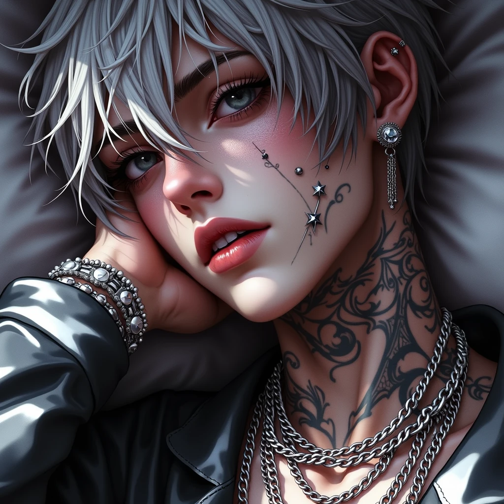 Rebellious guy character, white skin, grey hair, grey eyes, tattoos, piercings, silver chains, summer vibes, sleeping position, dramatic lighting, dark colors, textured skin, hand gesture, naked, sensual, detailed features, edgy, teenage, androgynous, intimate, high quality digital art, dark fantasy style.