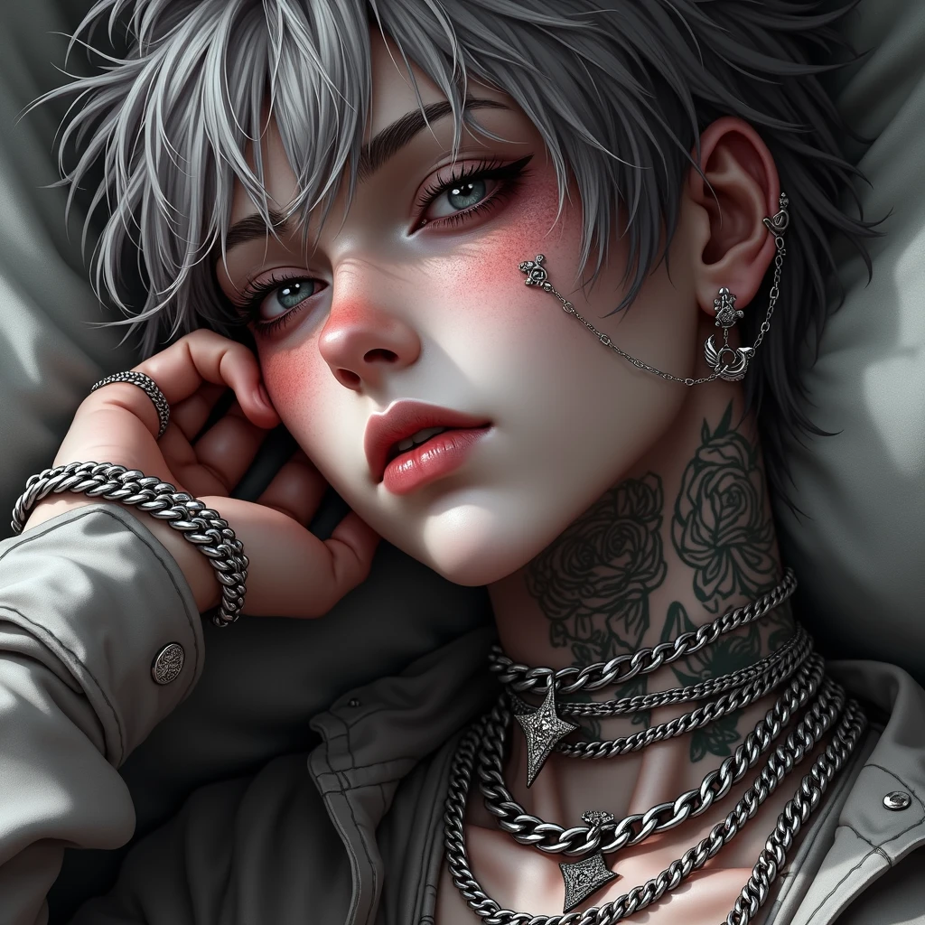 [teenage young man], [white pale skin], [grey tousled hair], [piercing grey eyes], [captivatingly androgynous look.] [He is adorned with intricate tattoos, piercings and a multitude of silver chains, striking and rebellious aesthetic.] [He has sweating summer, a flushed expression because summer.] [anime dark edgy, fantasy genre, sleep, head on pillow.], [Dramatic lighting, dark color palette, sharp details, textured skin, perfect hand]