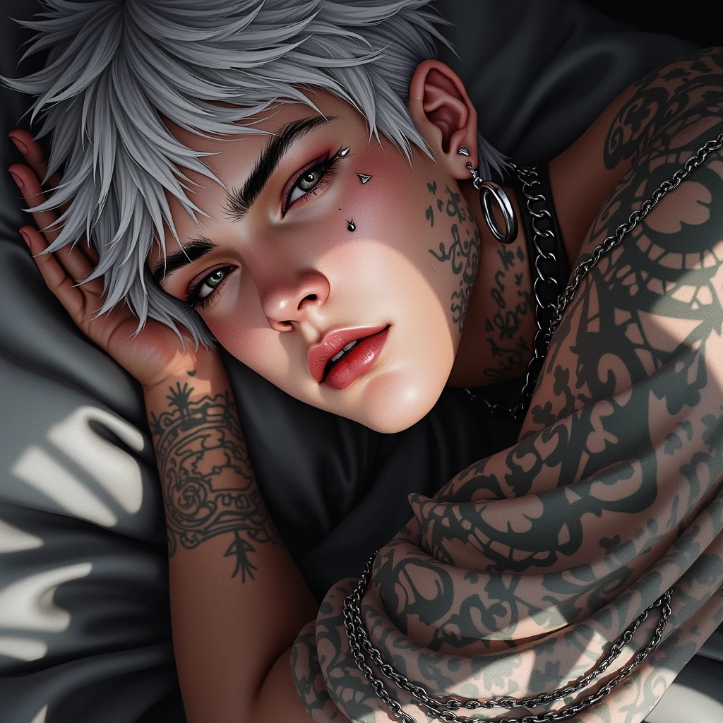 [ man], [white pale skin], [grey tousled hair], [piercing grey eyes], [captivatingly androgynous look.] [He is adorned with intricate tattoos, piercings and a multitude of silver chains, striking and rebellious aesthetic.] [He has sweating summer, a flushed expression because summer.] [anime dark edgy, fantasy genre, sleep, head on pillow.], [Dramatic lighting, dark color palette, sharp details, textured skin, perfect hand]