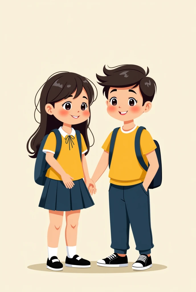Image of an animated girl and boy without background, that they are wearing a student uniform of a short-sleeved yellow T-shirt and a dark blue long-sleeved sweatshirt and pants, with black shoes completely to the sole and black laces, with a briefcase on and school supplies back to school