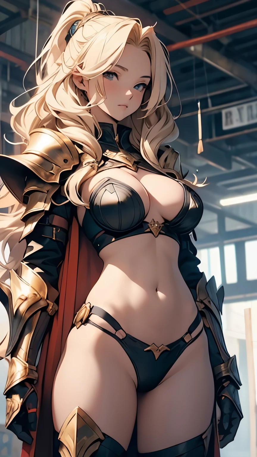 long wavy golden hair、Sleepy look、Embarrassing、Black Metallic Bikini、Female Knight、Huge breasts、Under Riddell Ver Armor、Absolute area、Camel Toe、belly button、Browsing Caution、Shooting from below、sword、Golden Armor、NSFW