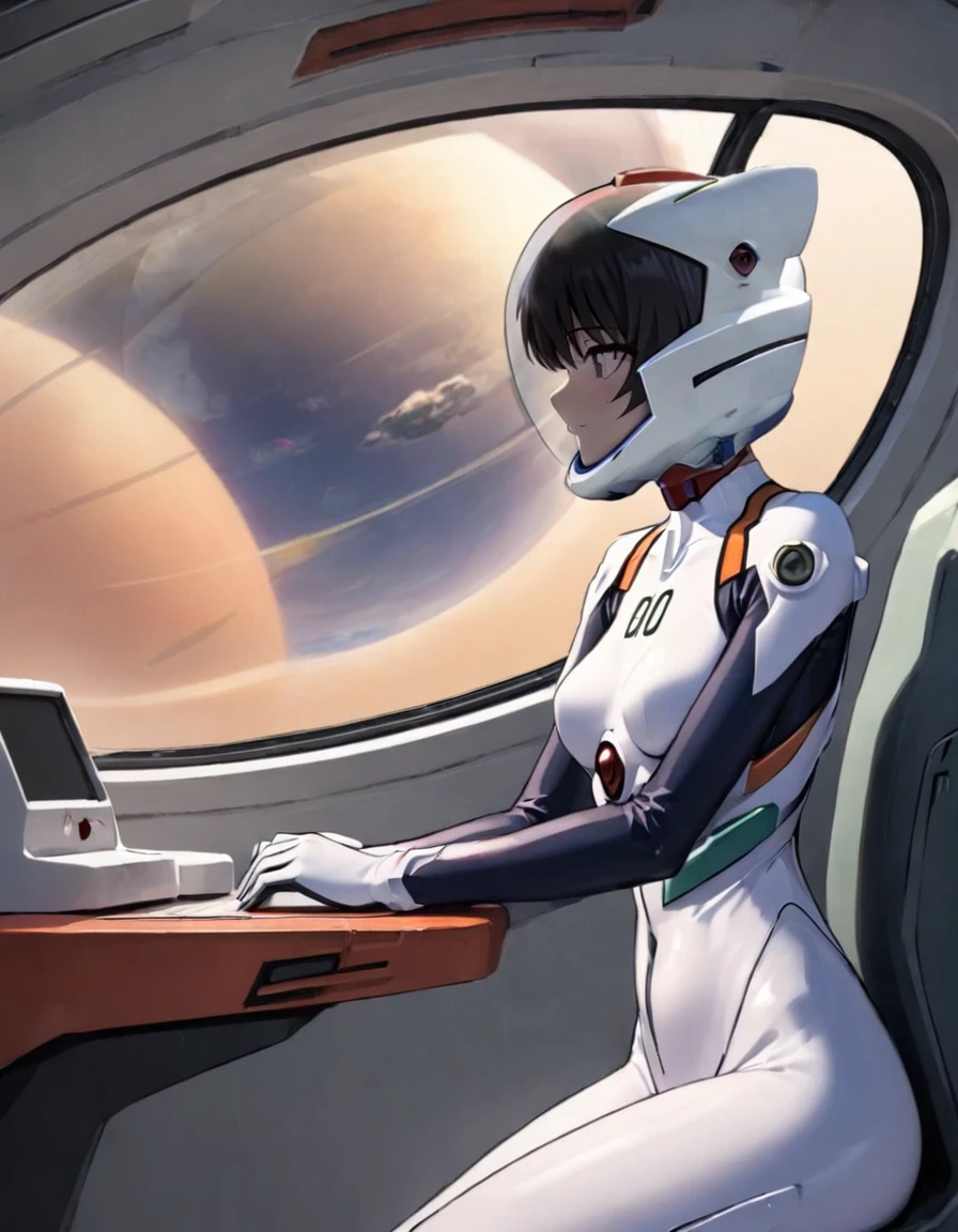 ( short hair, street, emo, BLACK hair, white eyes, eyeliner, apocalypse, girl, nside the (cockpit) of a (futuristic spaceship:1.6), , blush,sitting on a chair, covered navel, space helmet, muvluv, eva helm, plugsuit , evangelion, helmet, eva helm,plugsuit, WHITE bodysuit,evangelion,WHITE helmet, space helmeT, cat ears, GIRL, short hair, ,, SPACE SMILE, FROM SIDE
