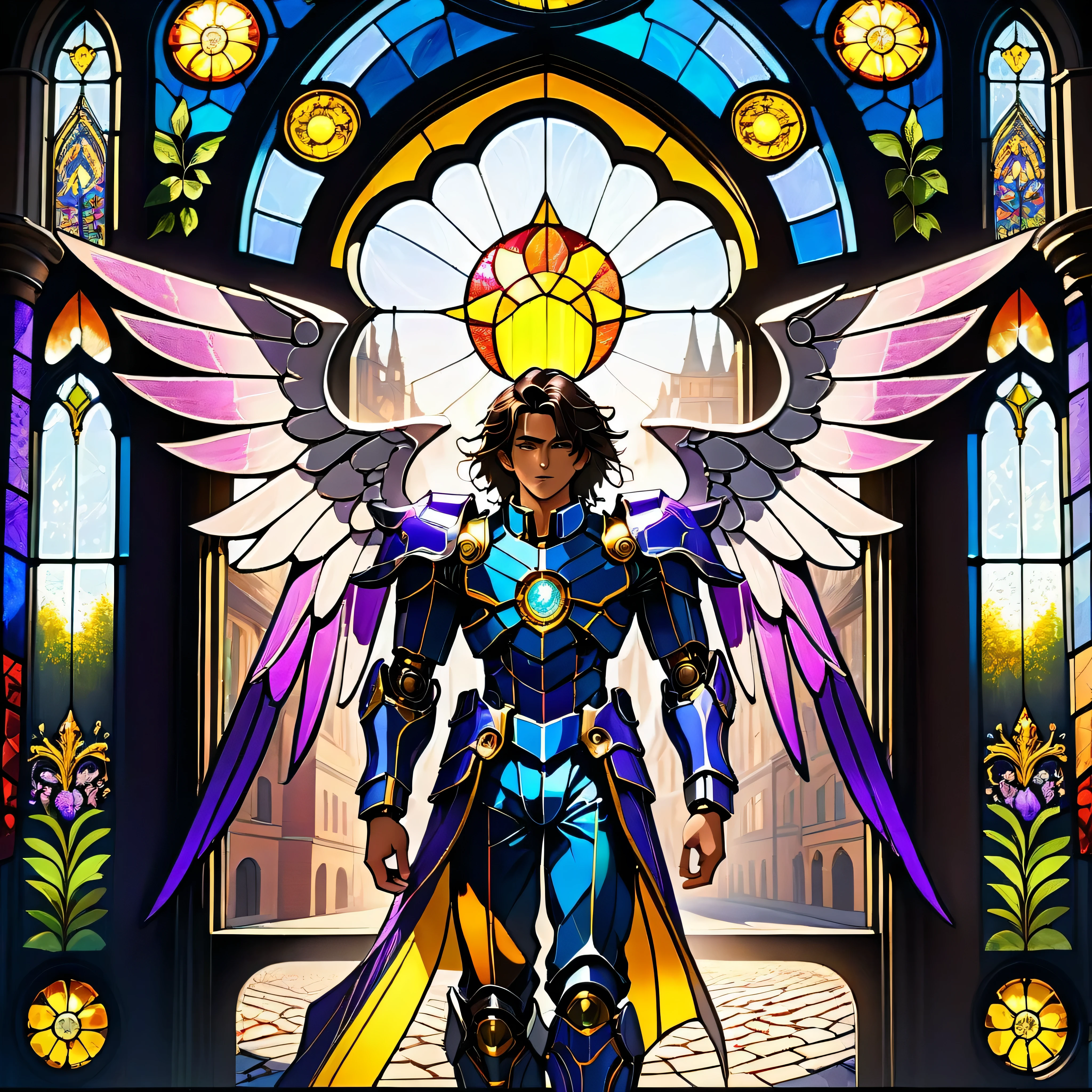 A unparalleled brunette man, 1.76 tall, black hair, dark eyes, tapered nose, athletic body, light scar on his hand, on a cobblestone road, houses with apparent bricks in shades of white, blue and yellow, on a sunny day, With richness of detail and main focus on man, Arafed a ((stained glass art image:1.5)) stained-glass windows, of a (cyberpunk mech male angel: 1.2) standing in at the street at natta near his carro esportivo, natta, an exquisite beautiful cyberpunk male angel, teenager, long hair brown 1.3)), (lilac angelic wings: 1.2), spread angelic wings, halo over head,, (work of art: 1.5), Vibrant, ultra-high resolution, hight contrast, work of art:1.2, highest quallity, better aesthetics), best details, best qualityer, high resolution, Ultra Wide Angle, 16K, [ultra detaild], work of art, best qualityer, (extremely detaild), mechanical creatures, intense gaze, stained-glass windows, hdr, , very detailed and sharp, insane professional photorealistic, skin delicate, perfect lighting, dramatic composition, elegant pose, stunning background, insane cinematic atmosphere, ((back view)), ((full body)), magnificent scene, detailed environment, highly detailed environment deep path Equirectangular garden nature, insane (((insane UnrealEngine5,top Masterpiece,ultra highdef, insane Professional Photorealistic,optimal ultra sharp-focus,max,ultra high-quality,opengl-shaders,symmetrical,ultra high-details,accurate reflex,ultra highres, perfection volumetric,Cinematic_Sunlight,improved Octane_render,XT3,DSLR,3dcg shadow, analogiques, extatiques, high saturate, reflection))),dazzling Will-o'-the-wisp,global luminescence, --v 6 --s 1000 --c 20 --q 500 --chaos 100