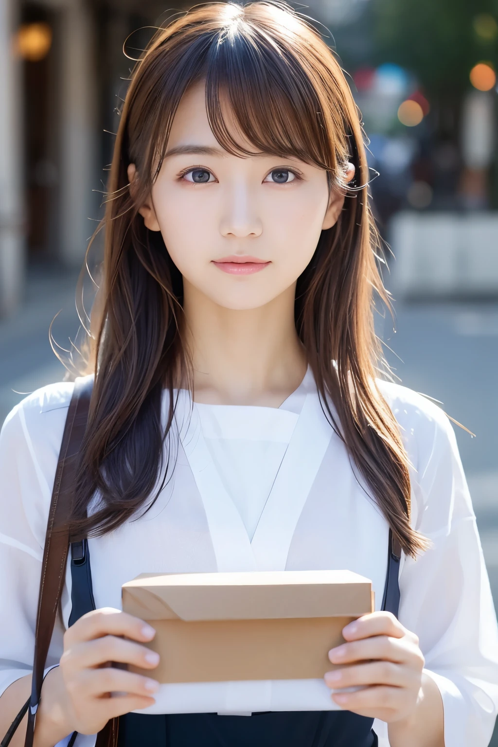 You are a professional photographer。masterpiece、8K、Highest quality, Soft Light, Ultra-high resolution, (Realistic:1.4), RAW Photos,Age 27 、1 Japan, alone, cute、(pupil, Light in your eyes), Natural black eyes、Beautiful face in every detail, (Small box),(High resolution detail of human skin texture)、Postman 、Wear a post office uniform、deliver a letter、post office,Pedalling a bicycle、(Portraiture)、Cleavage
