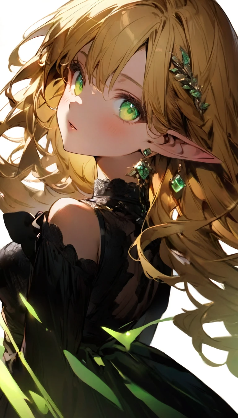 (1girl:1.3), (elf girl:1.3), (long blonde hair:1.2), (vibrant green eyes:1.3), (black dress:1.2), (seductive pose:1.1), (hand raised:1.0), (detailed clothing:1.1), (pointed ears:1.2), (delicate jewelry:1.1), (shadowverse style:1.2), (clean anime art:1.2), (feminine beauty:1.1), (gentle blush:1.0), (subtle lighting:1.0), (white background:1.0), (increasing the weight makes things worse)