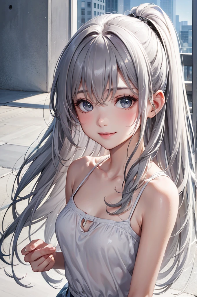 Best Quality,High resolution,8k,finelity detailed background,Masterpiece:1.2),beautiful girl,Glossy romance gray hair,messy hair,Gray eyes,Gentle look,A refreshing look,smile,Best quality,Best Quality,Aesthetic and aesthetic:1.2,Best details((Super detailed))(High-definition CG illustrations),camisole(Black),Slender body,Background white,smile,blush,cute,Scrounge,Looking up,Being spoiled,super model