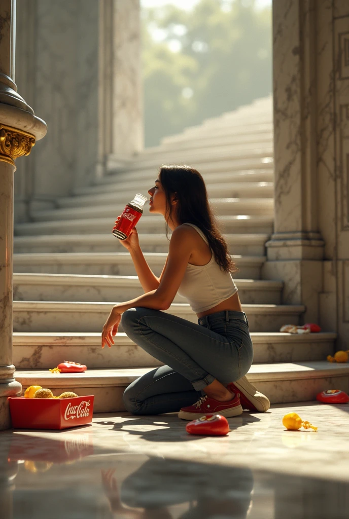 (photorealism:1.2), A beautiful woman sitting drinking a cream soda from the Indian Quiche by the Mayan Palace of San Marcos Guatemala, on a sunny day the colors are realistic