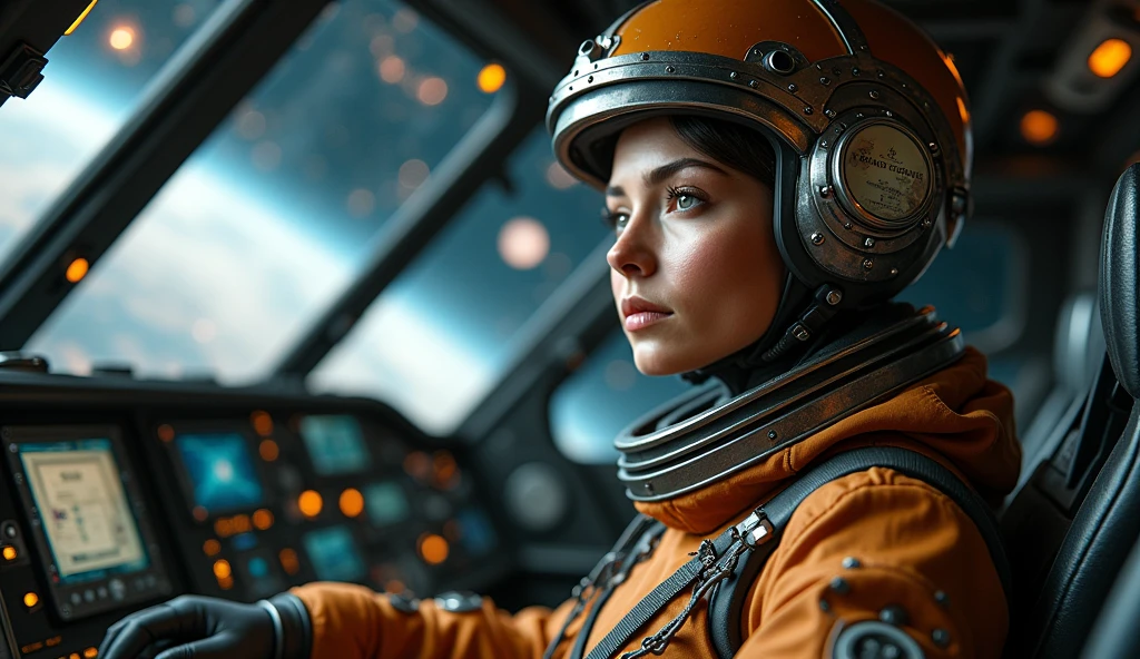 Depicts an immersive space exploration scene featuring an experienced female alien astronaut inside a futuristic cockpit. The woman, dressed in a brown-toned spacesuit, sports a pilot's helmet with shiny, steampunk-influenced metallic details. Her expression is focused and determined, emphasizing her role as a spaceship pilot. The cockpit is richly detailed with complex controls, screens, and gauges that demonstrate a high-tech environment. Through the cockpit canopy, a dark and mysterious space is revealed with distant planets and twinkling stars, reinforcing the atmosphere of interstellar adventure. The lighting in the scene is soft but accentuated enough to show the textures and details of the materials, both on the suit and the cockpit surfaces.