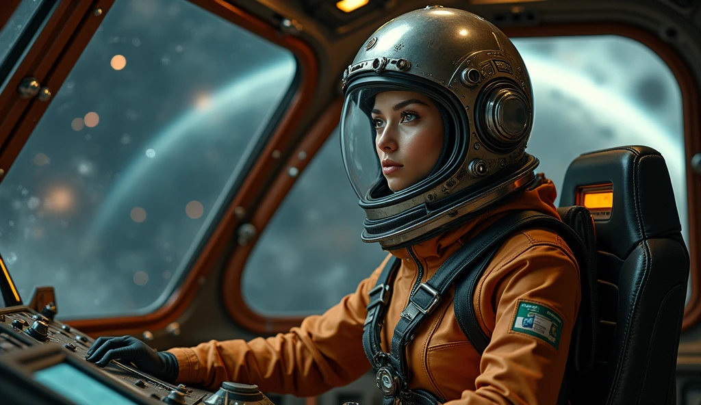 Depicts an immersive space exploration scene featuring an experienced female alien astronaut inside a futuristic cockpit. The woman, dressed in a brown-toned spacesuit, sports a pilot's helmet with shiny, steampunk-influenced metallic details. Her expression is focused and determined, emphasizing her role as a spaceship pilot. The cockpit is richly detailed with complex controls, screens, and gauges that demonstrate a high-tech environment. Through the cockpit canopy, a dark and mysterious space is revealed with distant planets and twinkling stars, reinforcing the atmosphere of interstellar adventure. The lighting in the scene is soft but accentuated enough to show the textures and details of the materials, both on the suit and the cockpit surfaces.