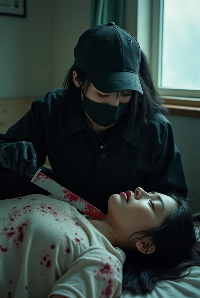 korean girl, (behind bontage corpse, holding knife), stabbing, black surgical mask, black gloves, room full of blood, black raincoat, trucker hat, holding knife, black gloves, woman on top, behind tied up corpse, blood splatter, on the bed, looking at viewer, mass murderer, killer, low ponytail, blood splatter, dark atmosphere, cinematic lighting, atmospheric realistic, near the window, close-up,
