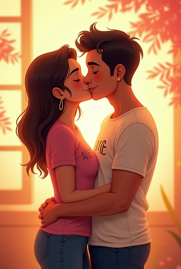 A couple of man and woman in love, animated, with initials on their shirts Valentina and Andrés, giving a kiss 