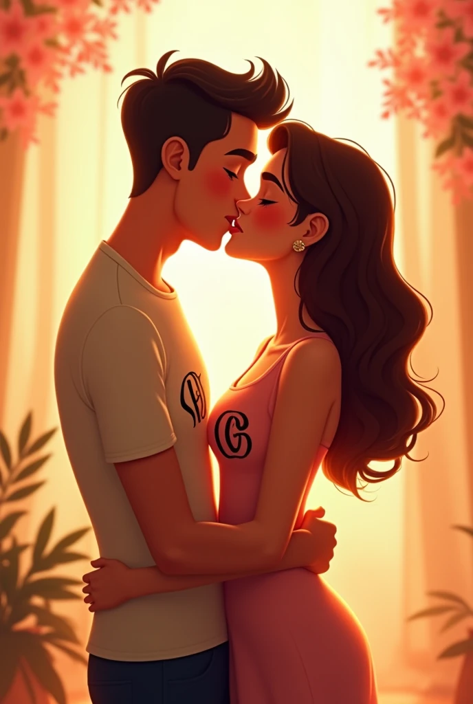 A couple of man and woman in love, animated, with initials on their shirts Valentina and Andrés, giving a kiss