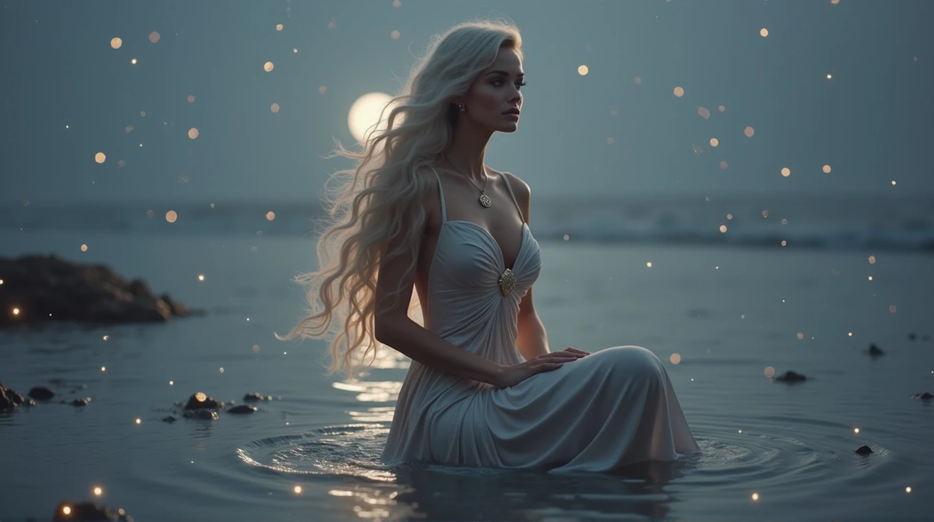 A hyper-realistic image of a woman embodying the Cancer zodiac sign. She has long, wavy hair, a serene and protective expression, and wears a flowing, silver dress reminiscent of ocean waves. A pendant with the Cancer symbol rests on her chest. The background features a calm sea under a full moon, with reflections on the water and subtle crab pincers hinting at the sign. Fantasy touches include twinkling stars and small floating lights, creating a mystical atmosphere. The lighting is professionally done in a studio, highlighting her facial features and the moonlit scenery, blending fantasy and realism to capture the emotional and watery essence of Cancer