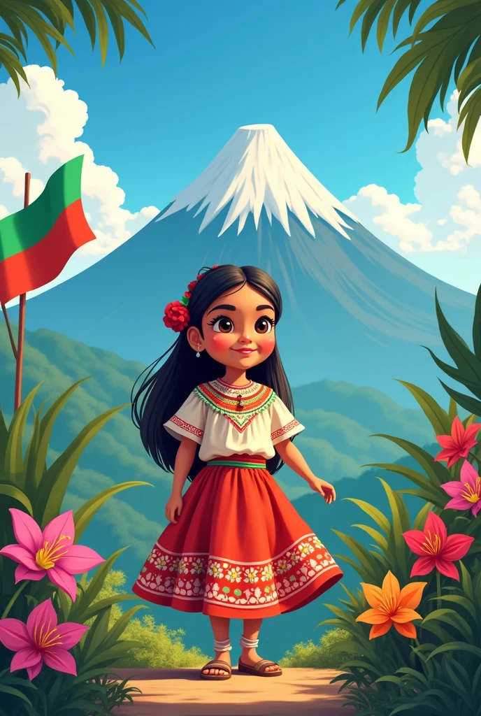 2d animation of a girl, dressed in traditional Guatemalan costume, with a background that has volcanoes, orchids and the flag of Guatemala 