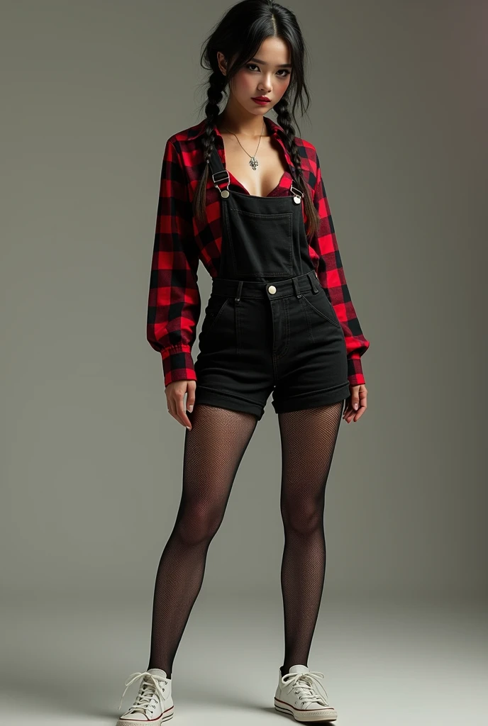 can you create a farmer's costume for a , in a sexy black short overall, that he has a red plaid long-sleeved shirt underneath black mesh stockings, WHITE TENNIS, two braids, with striking makeup and loose hair
