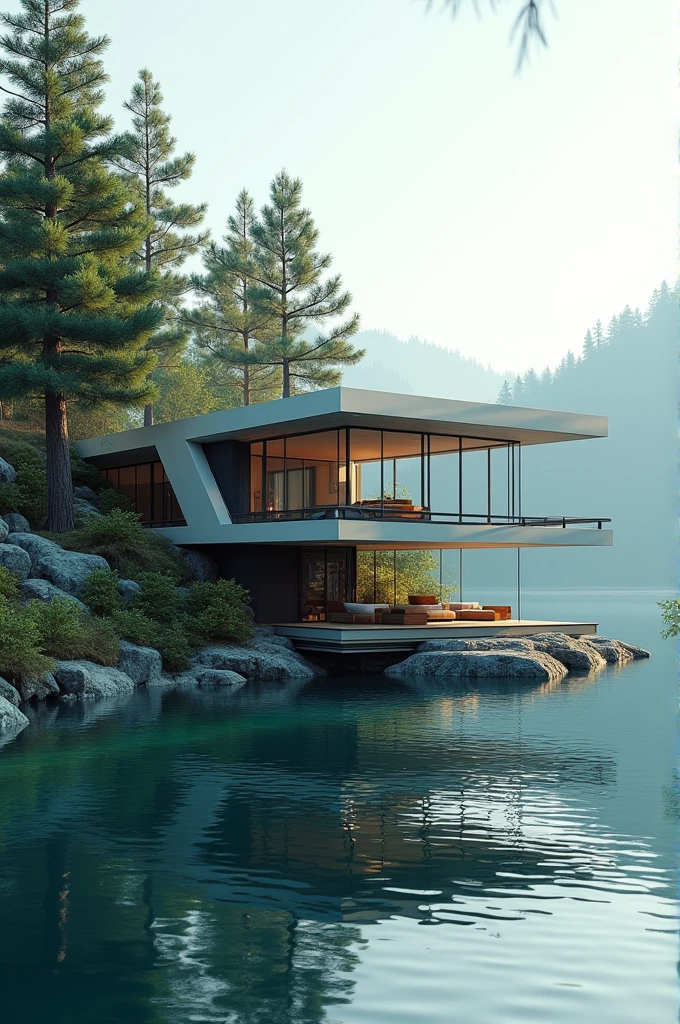 futuristic house on the edge of a lake, realistic image