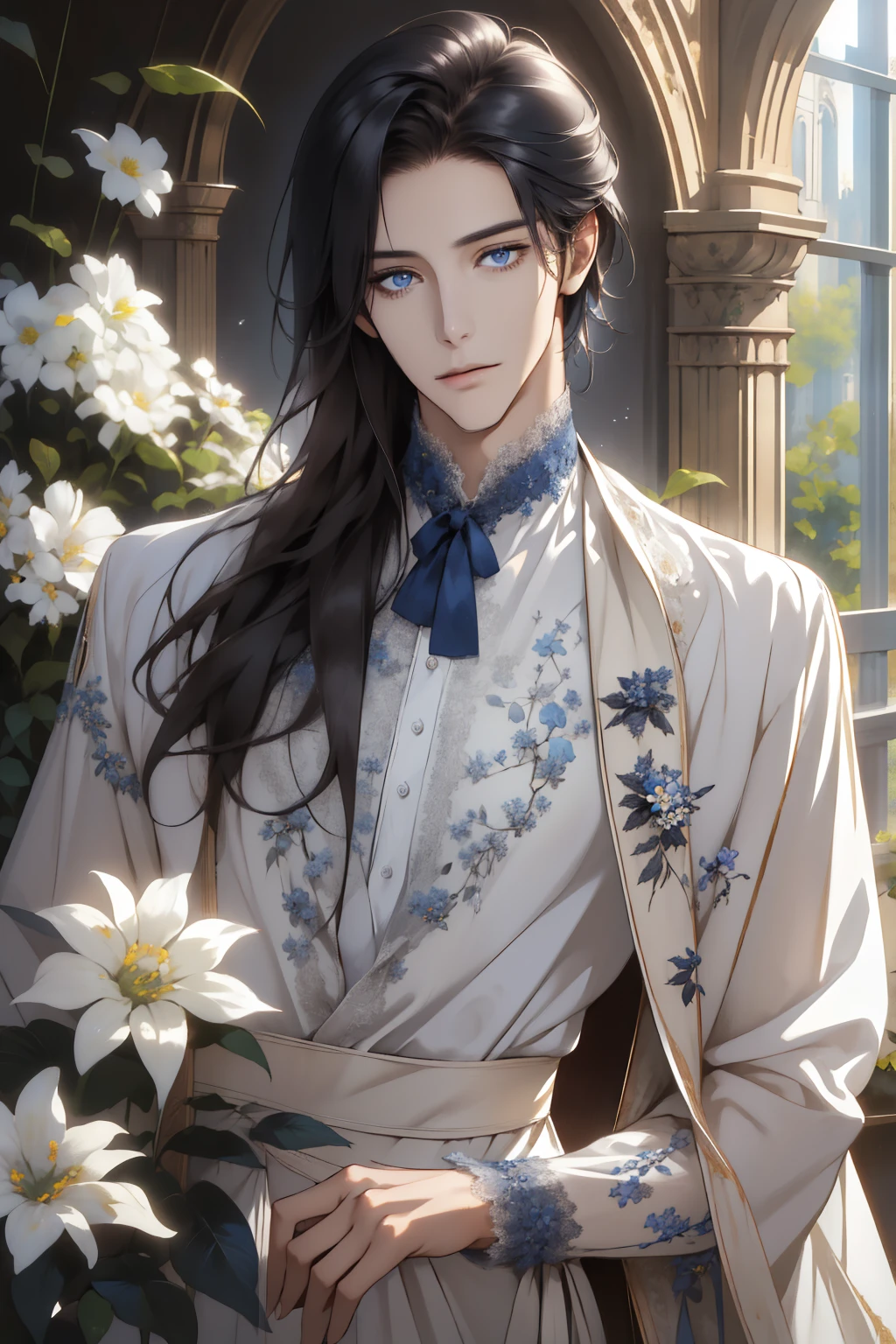 1 man, Realistic, master-piece, bestquality, Beautiful, detailed eyes and detailed faces.,natural light, European retro, White shirt, lace, Long dark blsck hair, blue grey eyes, attractive, depressed, Decorative flowers, sunbeam, 31 years.