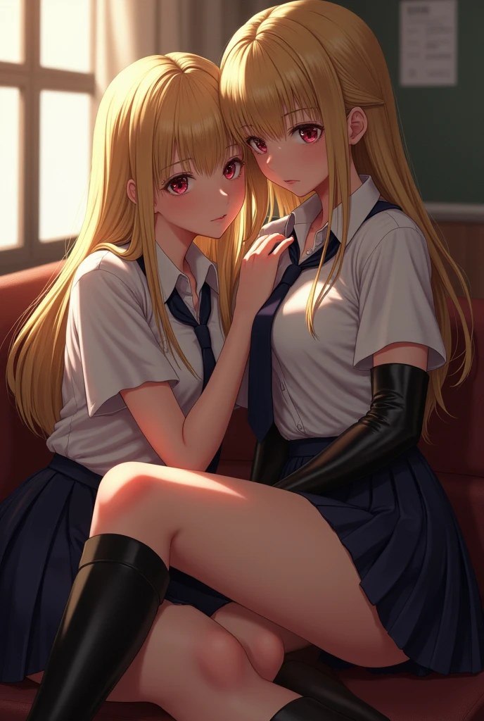 beautiful blonde girl in school uniform sitting on the lap of ther beautiful blonde girl in school uniform with tie shirt kilt latex long gloves and leather boots.