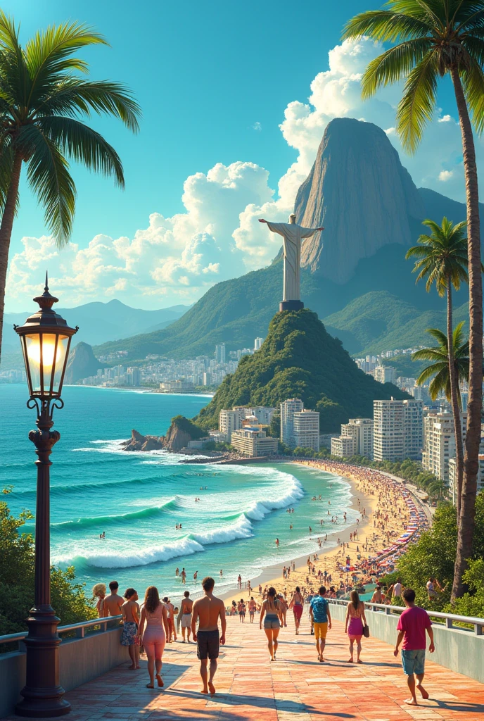 Create an image with the beach, Christ the Redeemer, Copacabana Sidewalk, o Sugar Loaf , cable car, people surfing, Fernando de Noronha