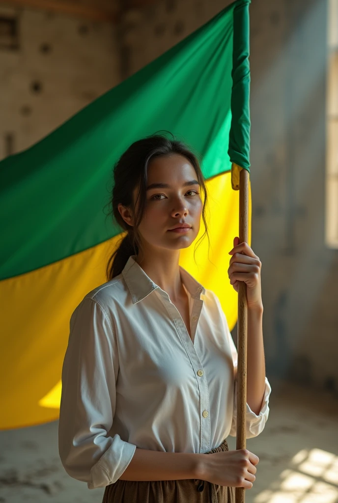 8k (photo realist) A young woman wearing a dress shirt ((photo from the waist up)) inside an abandoned and old church, holding a green and yellow flag
