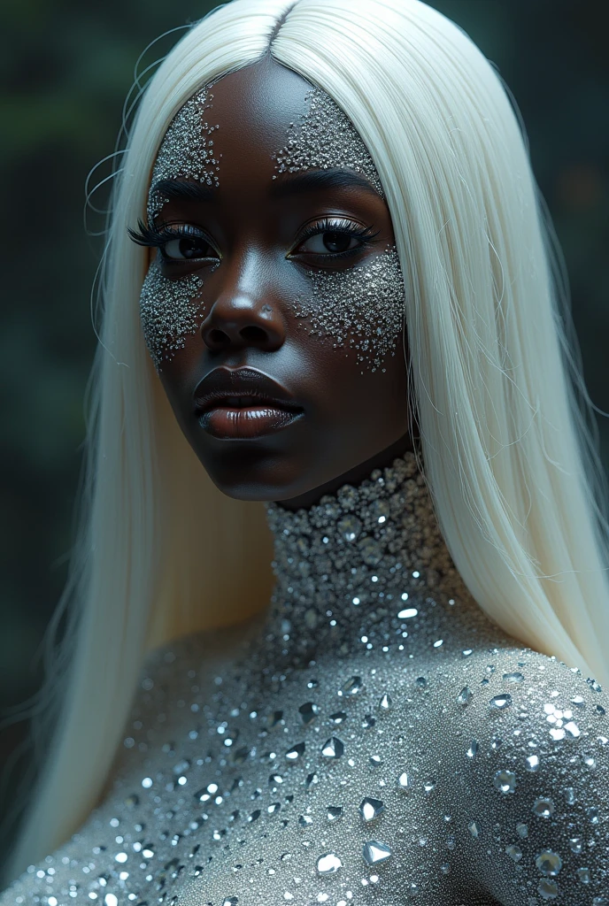  a black-skinned woman with diamond-encrusted skin all over her body including her entire face, with long, loose, platinum-colored straight hair