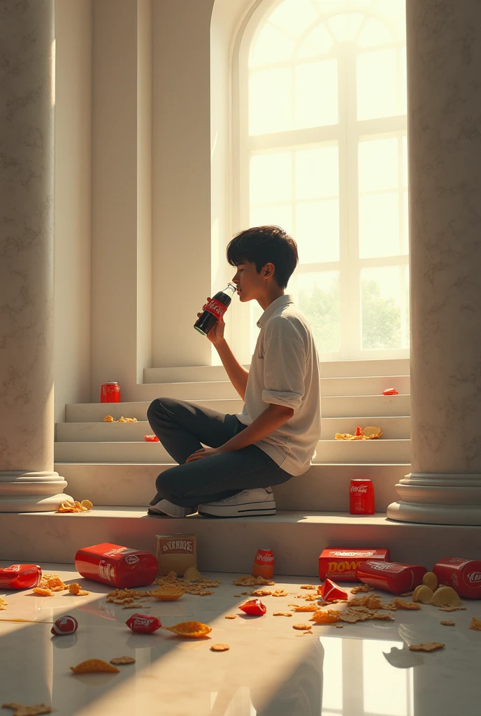 A wide shot of someone drinking Coca-Cola while kneeling with marble steps in front of them in profile perspective., with junk food on each,