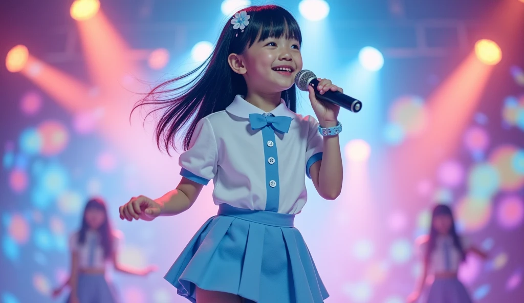 Long shot profile portrait photo of a beautiful  girl, black medium straight hair, Japanese pop idol, 50mm portrait, peformimg on colorful stage lighting, Top: Baby  sweet collar, front button closure, baby blue solid skirt and Matching Bow Tie, blue and white shoe