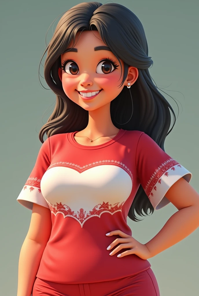 3D cartoon image , cheerful different style, Beautiful adult Indonesian woman, 30 years old, plump and tall., wearing volley ball sport t shirt with a red and white pattern for the Indonesian Independence Day, casual , , high resolution 4K; realistic, original photo