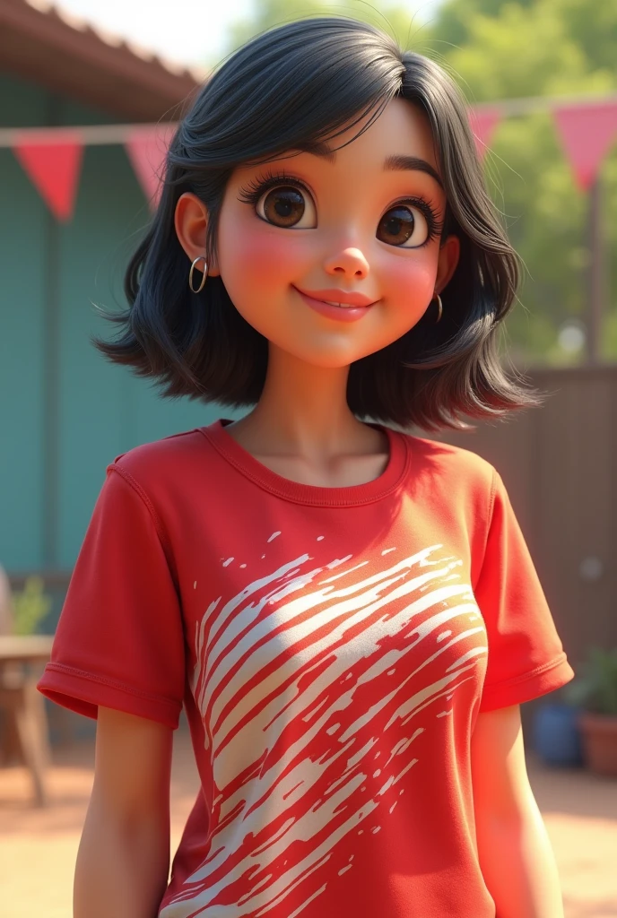 3D cartoon image , cheerful different style,    Beautiful adult Indonesian woman, 30 years old, plump and tall., wearing volley ball sport t shirt with a red and white pattern for the Indonesian Independence Day, casual , , high resolution 4K; realistic, original photo