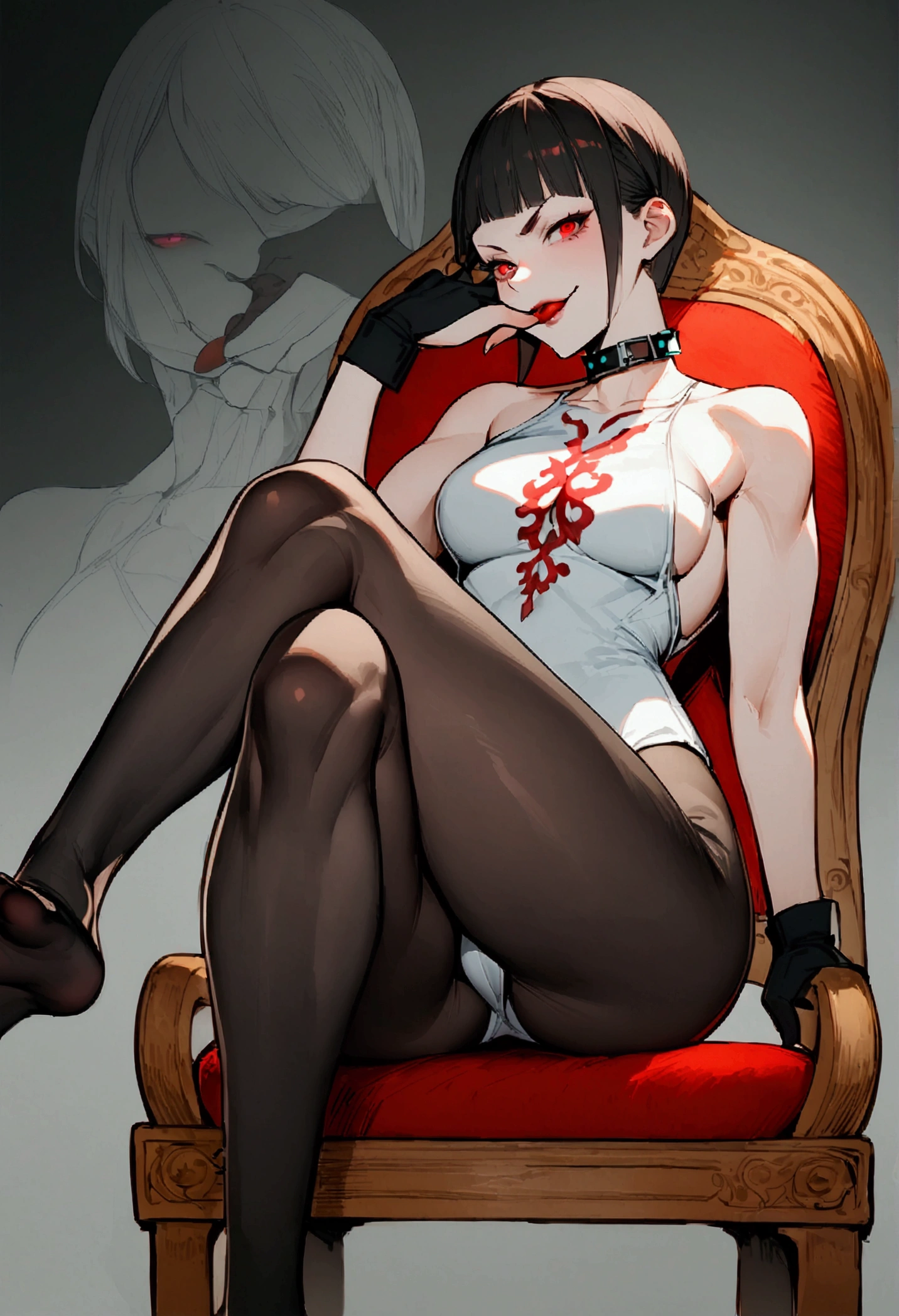 two women,one licking the feet of the woman sitting down whole body,sitting on a chair,crossed legs, alone,short hair,work of art,face detailed,young fitness linda,Wearing black pantyhose,tight white sweater with collar ,neckleace,evil smile,red eyes glowing,labiaa,eye shadow,bangs on the eyes,,sexy ass,Perfect Anatomia,closed fists,black gloves,young woman licking feet