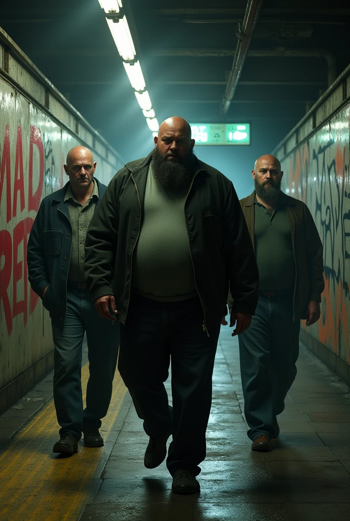 A 90s-style dark, grimy subway track with graffiti that reads MAD RED, 3 white men, balding and bearded, with their faces mostly hidden, walking, One of them is fat, he weighs more than 140 kilos, The other 2 are thin