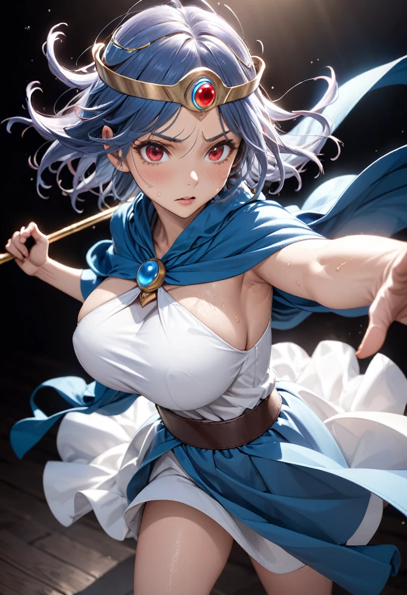 Masterpiece、Highly detailed drawing、Professional illustrations、Cinematic lighting、Detailed face、Detailed eyes、Black background、alone、woman、Beauty、sauce_game、Dragon Quest 3、Sorceress、Blue Hair、White Dress、Blue Cape、Magic wand、Red eyes、Circlet、Big Breasts、Large Breasts、Fighting Pose、Best Shot、whole body、Best Angle、Sweat all over the body
